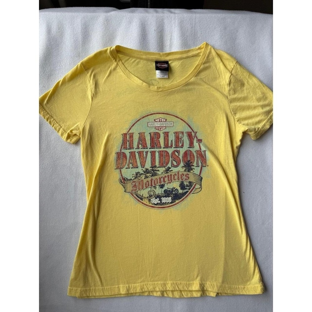 Harley Davidson Jamaica Women's XL Yellow Graphic T Shirt Double Sided Motorcycl